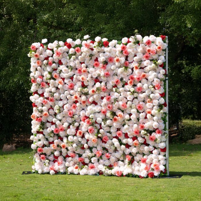4D White and Pink Roses Wedding Flower Wall Backdrop with Elegant Design