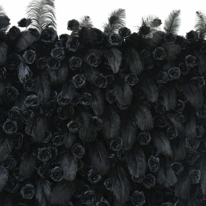 5D Black Feather Wall with Roses for Luxury Gala and Gothic Style Backdrop