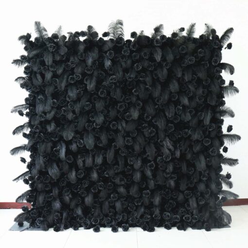 5D Black Feather Wall with Roses for Luxury Gala and Gothic Style Backdrop