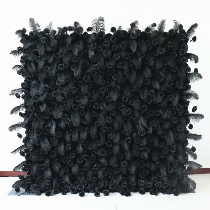 5D Black Feather Wall with Roses for Luxury Gala and Gothic Style Backdrop
