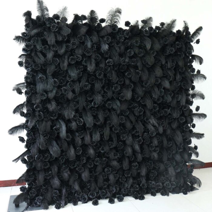 5D Black Feather Wall with Roses for Luxury Gala and Gothic Style Backdrop