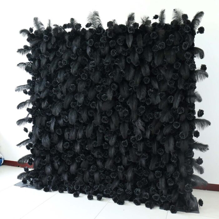 5D Black Feather Wall with Roses for Luxury Gala and Gothic Style Backdrop