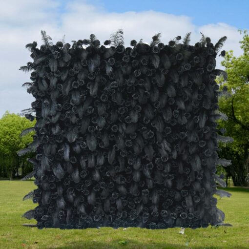 5D Black Feather Wall with Roses for Luxury Gala and Gothic Style Backdrop