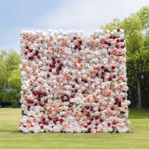 5D Pink and White Flower Wall with Red Roses for Luxury Wedding Backdrops