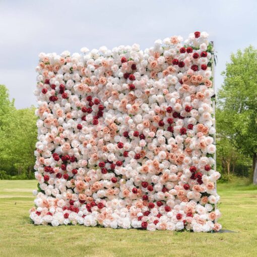 5D Pink and White Flower Wall with Red Roses for Luxury Wedding Backdrops