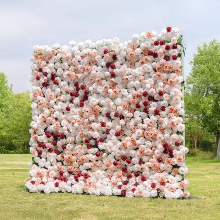 5D Pink and White Flower Wall with Red Roses for Luxury Wedding Backdrops