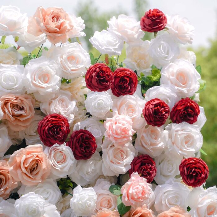 5D Pink and White Flower Wall with Red Roses for Luxury Wedding Backdrops