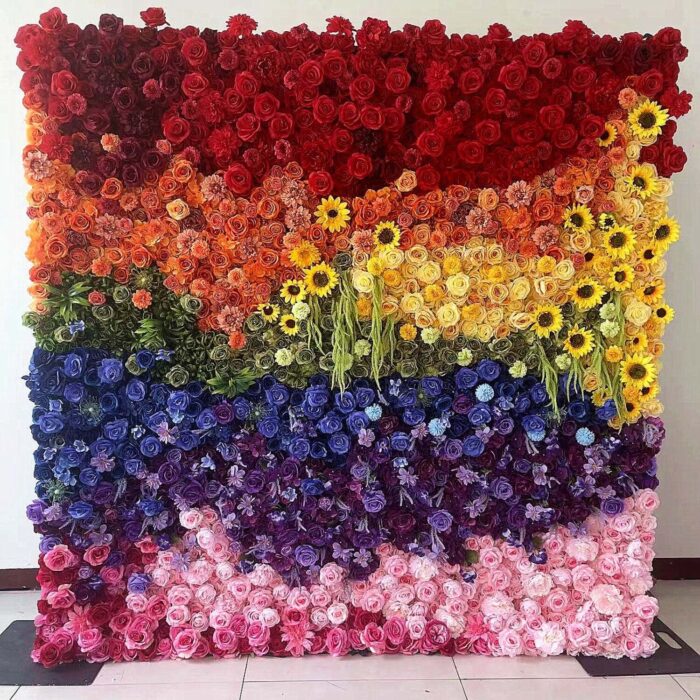 5D Rainbow Floral Wall for Vibrant Weddings, Parades, and Festival Settings