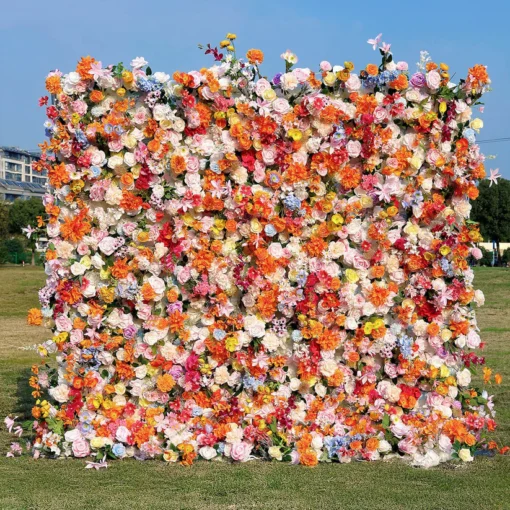 Bright and Vibrant 5D Artificial Flower Wall with Orange and Yellow Blooms for Garden Parties