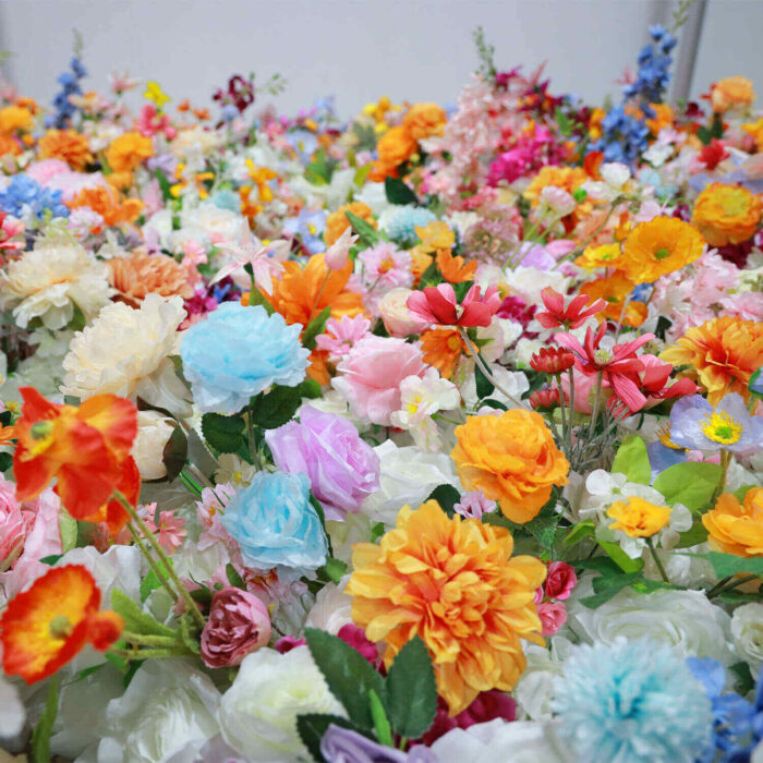 Bright and Vibrant 5D Artificial Flower Wall with Orange and Yellow Blooms for Garden Parties