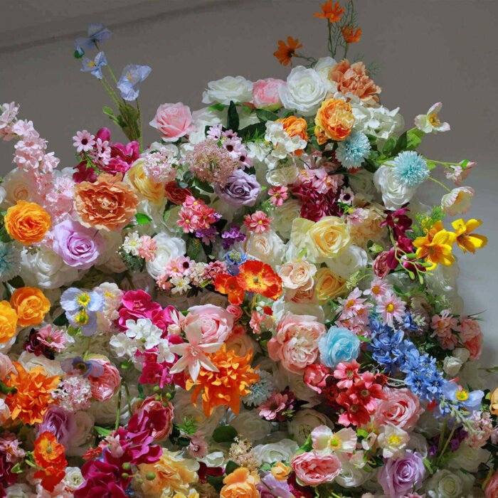 Bright and Vibrant 5D Artificial Flower Wall with Orange and Yellow Blooms for Garden Parties