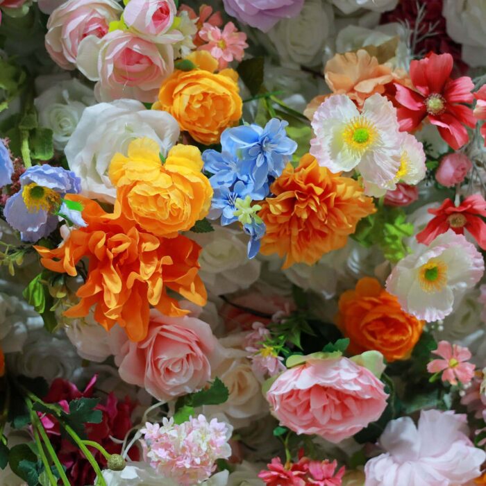 Bright and Vibrant 5D Artificial Flower Wall with Orange and Yellow Blooms for Garden Parties