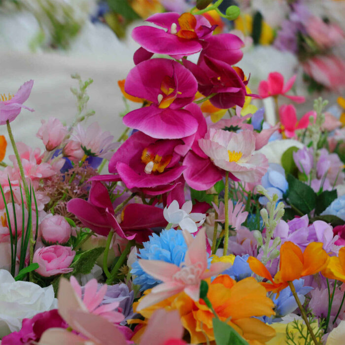 Bright and Vibrant 5D Artificial Flower Wall with Orange and Yellow Blooms for Garden Parties
