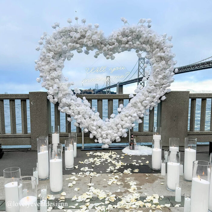 Elegant White Rose Heart Backdrop for Engagement Proposals and Weddings