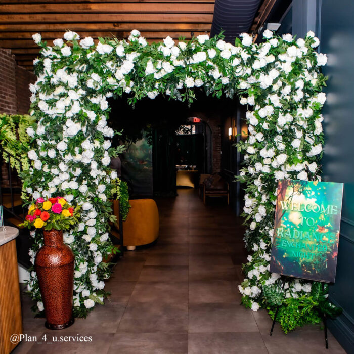 Elegant White Rose and Green Leaf Arch for Wedding Ceremony and Party Décor