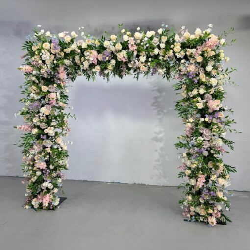 Pastel Balloons and Blush Roses Flower Arch for a Dreamy Celebration Backdrop