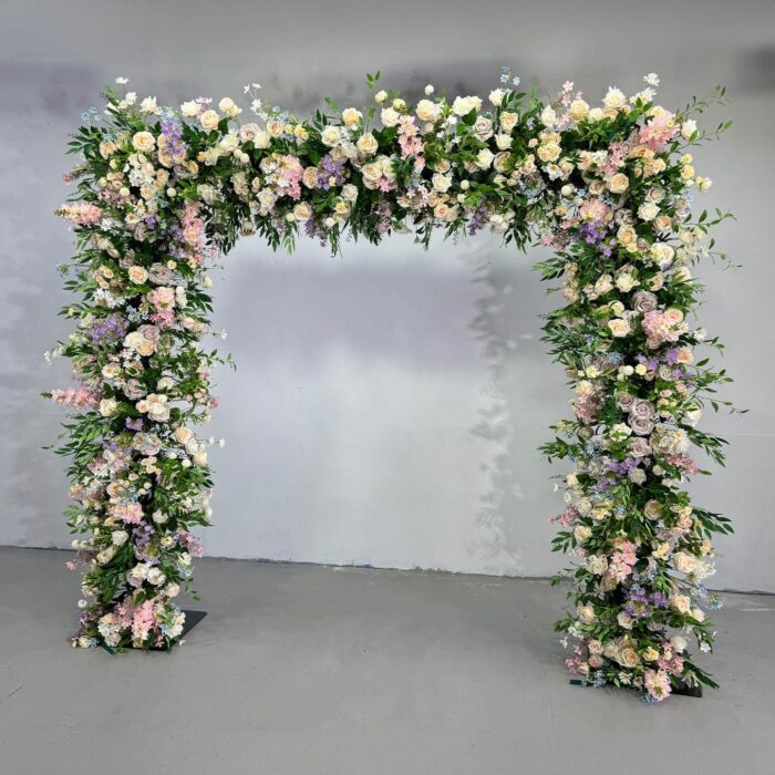 Pastel Balloons and Blush Roses Flower Arch for a Dreamy Celebration Backdrop
