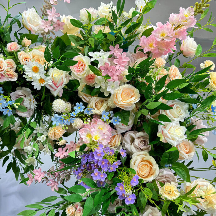 Pastel Balloons and Blush Roses Flower Arch for a Dreamy Celebration Backdrop