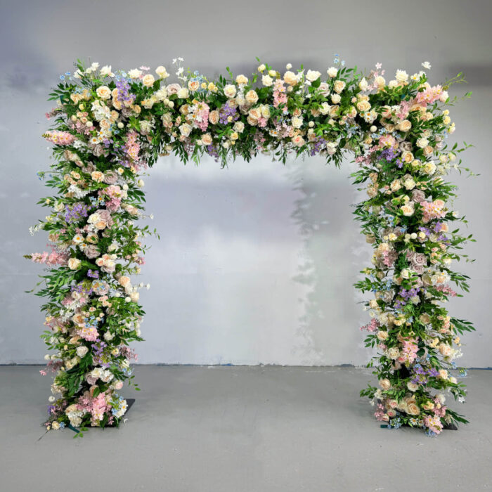 Pastel Balloons and Blush Roses Flower Arch for a Dreamy Celebration Backdrop