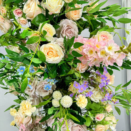 Pastel Balloons and Blush Roses Flower Arch for a Dreamy Celebration Backdrop