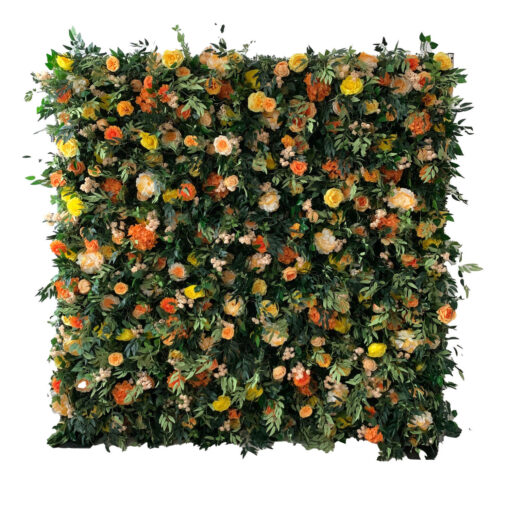 Rustic Autumn Party Decor: Orange and Yellow Flower Wall with Greenery