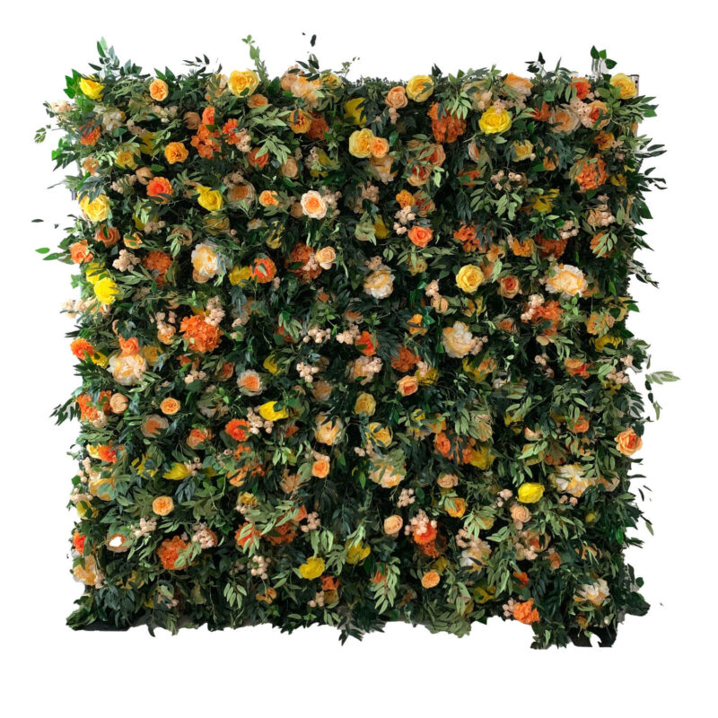Rustic Autumn Party Decor: Orange and Yellow Flower Wall with Greenery