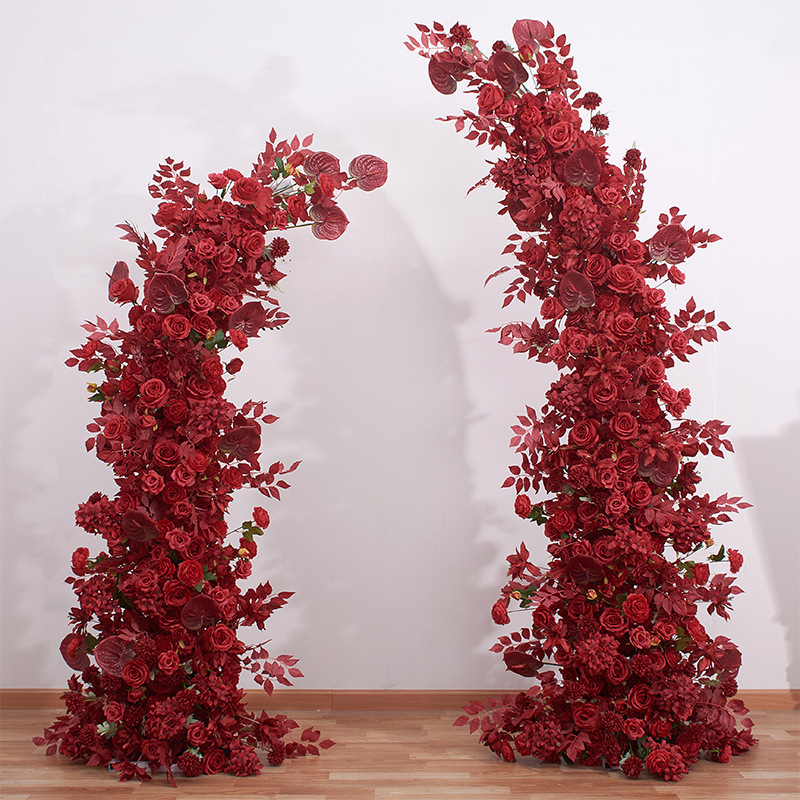 Luxury Red Roses and Fern Leaves Wedding Arch with Moon Shape Frame, Event Backdrop & Flower Stand