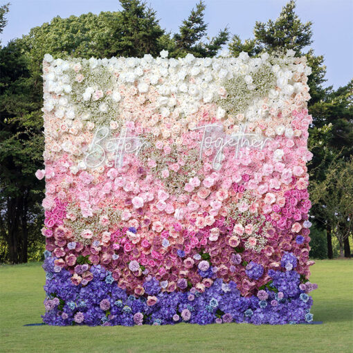 5D Cloth Flower Wall with Colorful Roses, Hydrangeas, and Babysbreath for Weddings