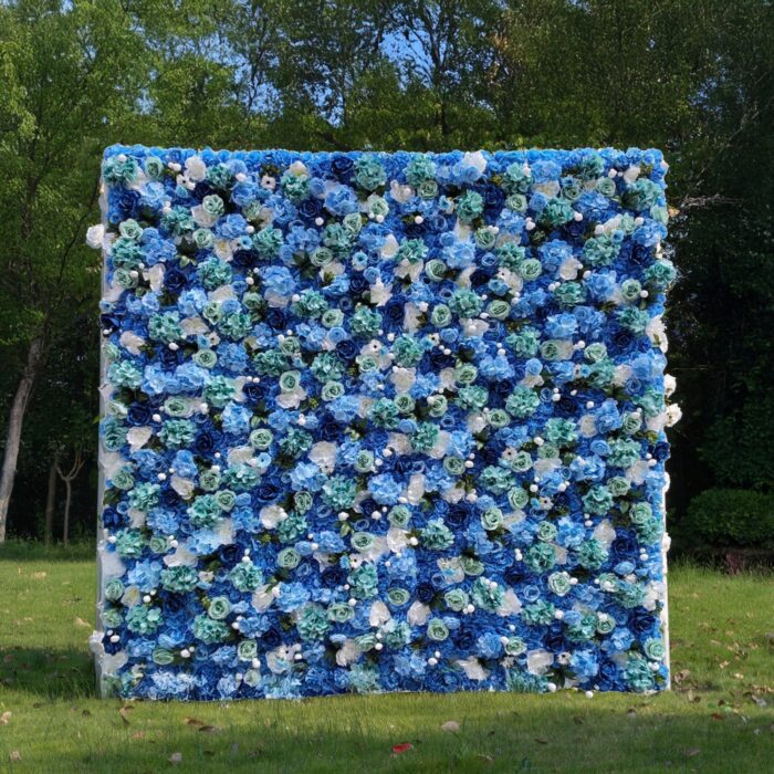 8' x 8' Blue Floral Wall – Fabric-Backed Artificial Flower Backdrop for Weddings
