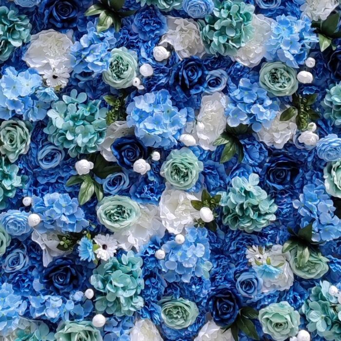 8' x 8' Blue Floral Wall – Fabric-Backed Artificial Flower Backdrop for Weddings