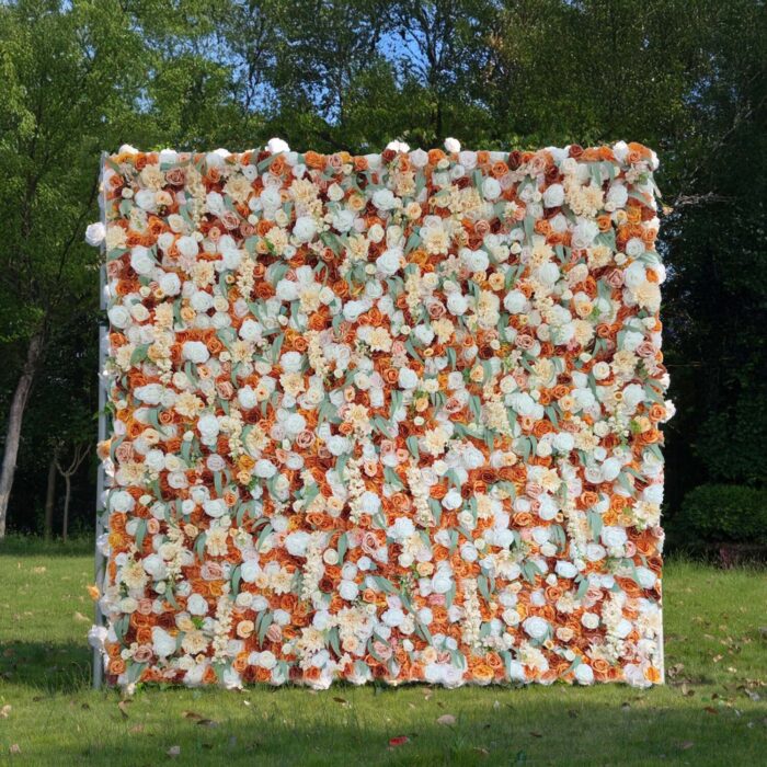 8' x 8' Orange & White Flower Wall – Wisteria Artificial Backdrop for Weddings and Events