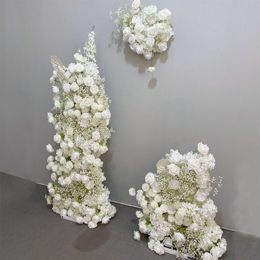 Beige and White Rose Wedding Arch Set with Gypsophila – Floral Backdrop with Frame