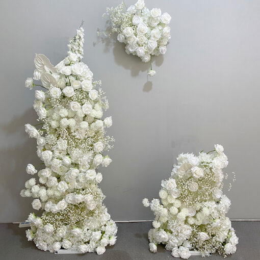Beige and White Rose Wedding Arch Set with Gypsophila – Floral Backdrop with Frame
