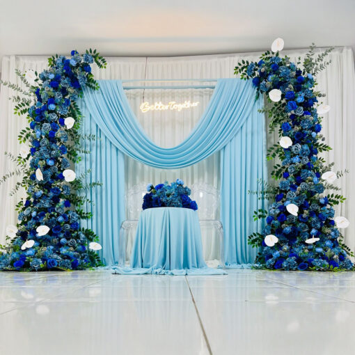 Blue Flower Wedding Arch with Drapes for a Classic and Elegant Celebration