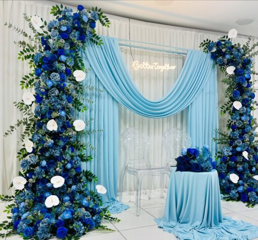 Blue Flower Wedding Arch with Drapes for a Classic and Elegant Celebration