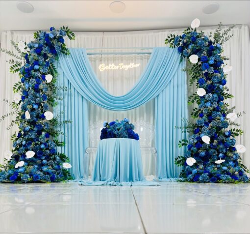 Blue Flower Wedding Arch with Drapes for a Classic and Elegant Celebration