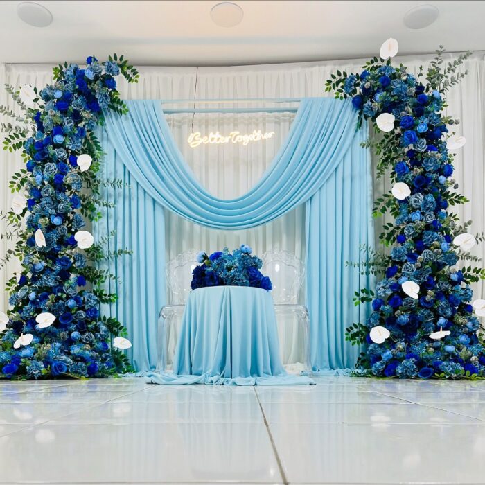 Blue Flower Wedding Arch with Drapes for a Classic and Elegant Celebration