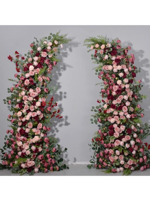 Blush Pink Wedding Arch with Artificial Flowers & Rustic Pillars for Event and Home Decor