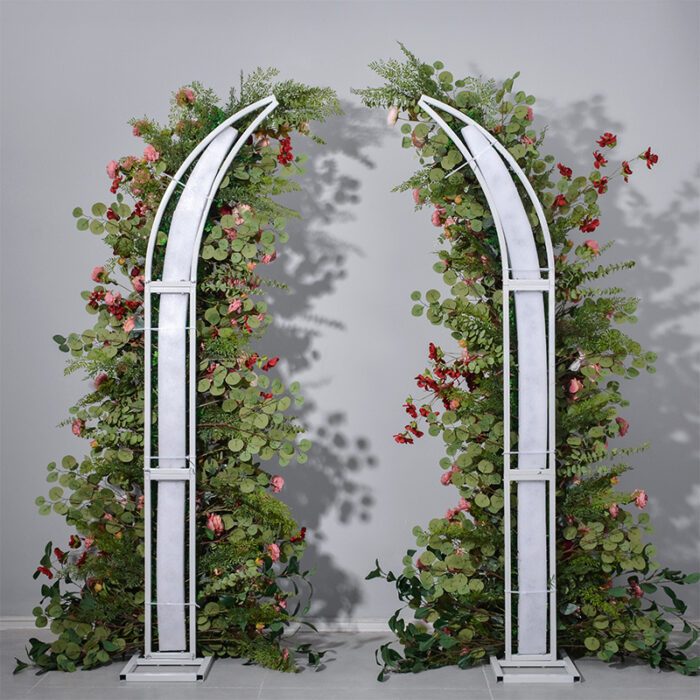 Blush Pink Wedding Arch with Artificial Flowers & Rustic Pillars for Event and Home Decor