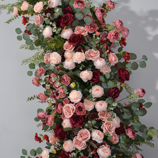 Blush Pink Wedding Arch with Artificial Flowers & Rustic Pillars for Event and Home Decor