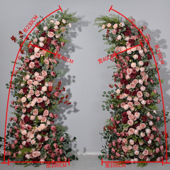 Blush Pink Wedding Arch with Artificial Flowers & Rustic Pillars for Event and Home Decor