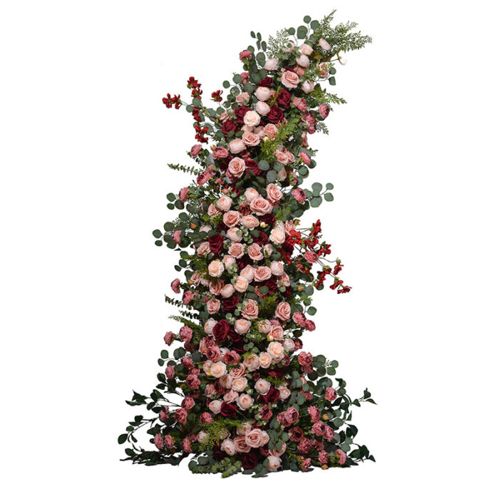 Blush Pink Wedding Arch with Artificial Flowers & Rustic Pillars for Event and Home Decor