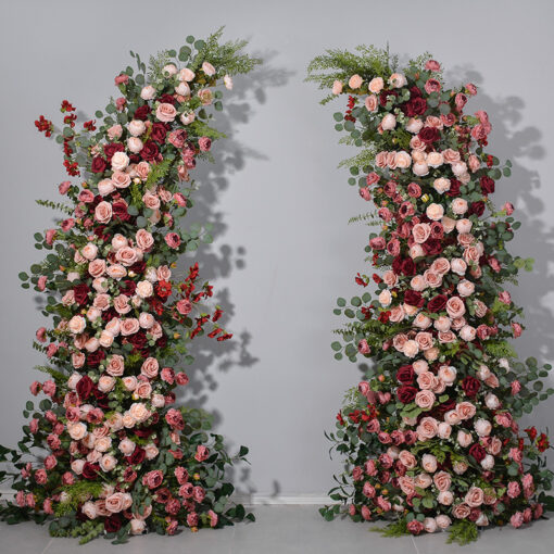 Blush Pink Wedding Arch with Artificial Flowers & Rustic Pillars for Event and Home Decor