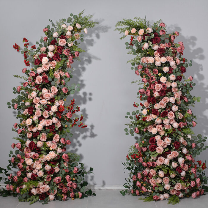 Blush Pink Wedding Arch with Artificial Flowers & Rustic Pillars for Event and Home Decor