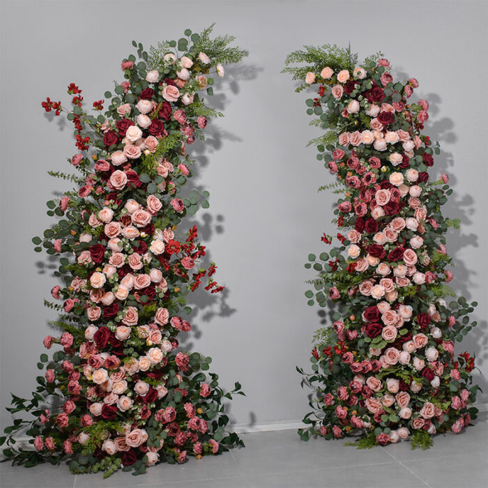Blush Pink Wedding Arch with Artificial Flowers & Rustic Pillars for Event and Home Decor