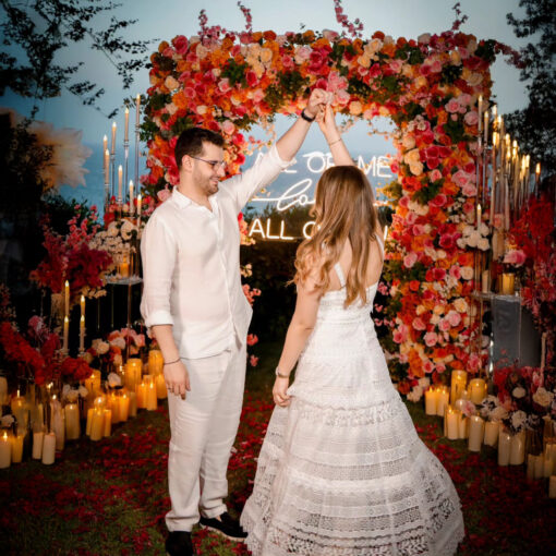 Boho-Inspired Square Arch with Floral Accents for a Dreamy Wedding Celebration