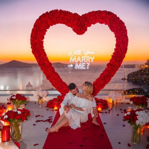 Bold Red Rose Heart Arch for a Striking Proposal with Luxuriant Blooms