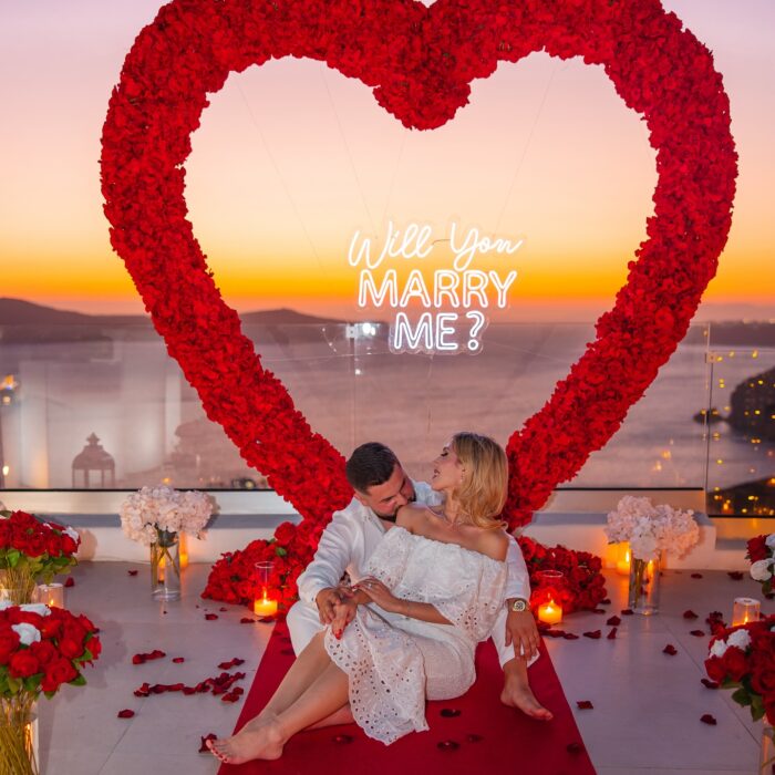 Bold Red Rose Heart Arch for a Striking Proposal with Luxuriant Blooms