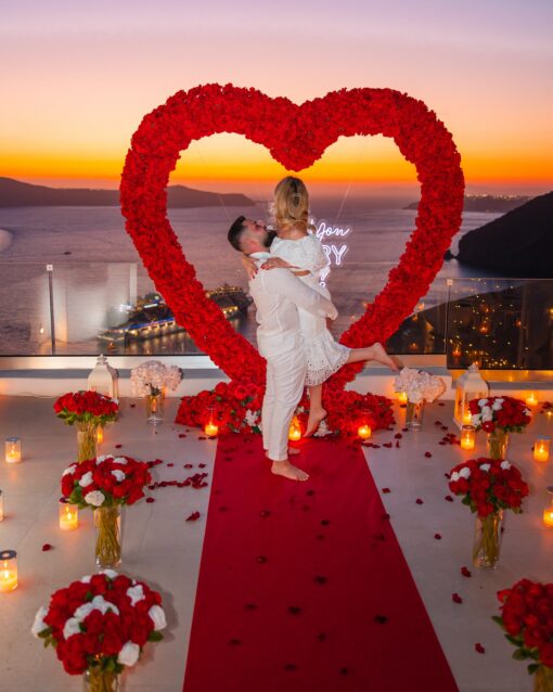 Bold Red Rose Heart Arch for a Striking Proposal with Luxuriant Blooms
