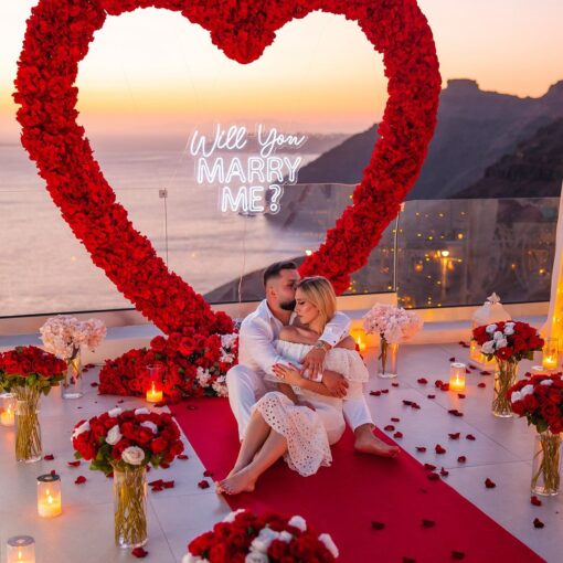 Bold Red Rose Heart Arch for a Striking Proposal with Luxuriant Blooms